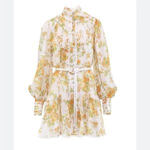 ALEMAIS Songbird Floral Print Ruffle Minidress in Yellow Size AU 8 US 4